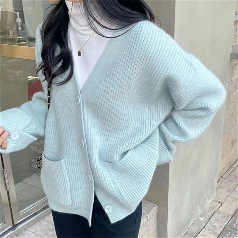 Korean Style Solid Color And V-neck Pocket Knitted Cardigan Sweet Cuff Sweater Coat