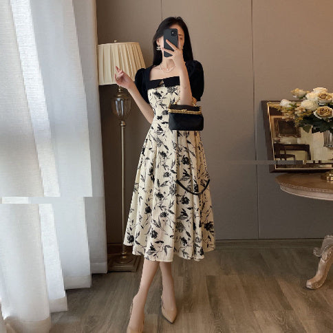 Design Sense Slimming Patchwork Floral Skirt Square Collar Puff Sleeve