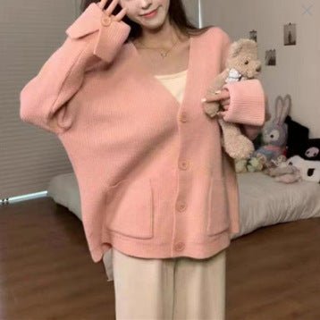 Korean Style Solid Color And V-neck Pocket Knitted Cardigan Sweet Cuff Sweater Coat