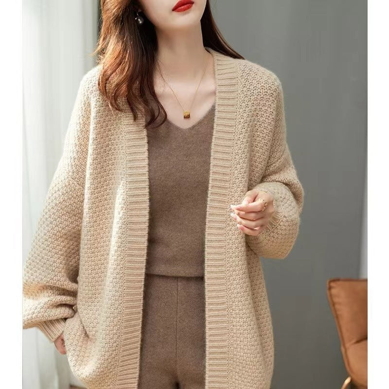 French Retro Mid-length Coat Loose Commute Style Women's Knitted Cardigan