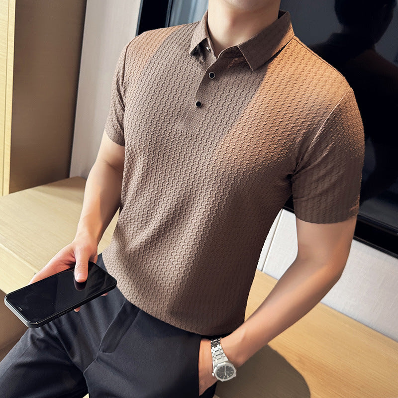 High Elastic Thin Waffle Lapel Short Sleeve