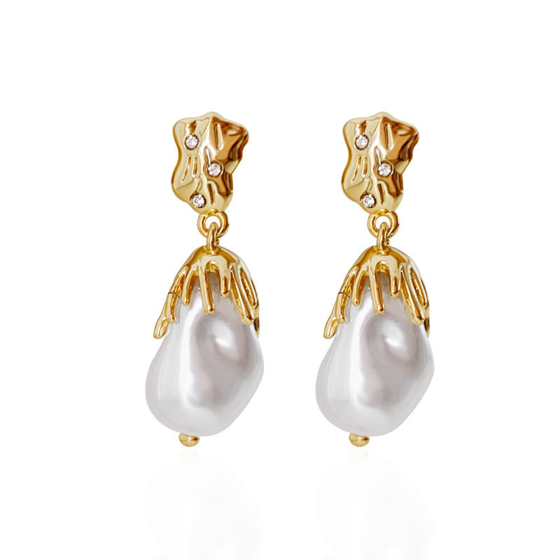 Gold Foil Pearl Earrings Baroque Style 925 Silver Needle Simple