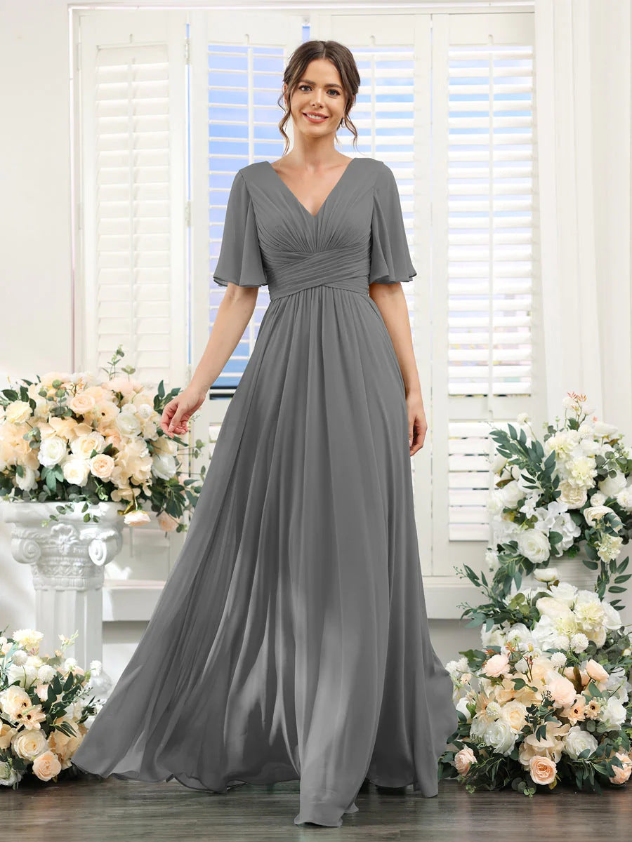 Chiffon Evening V-neck Butterfly Sleeve Host Long Dress