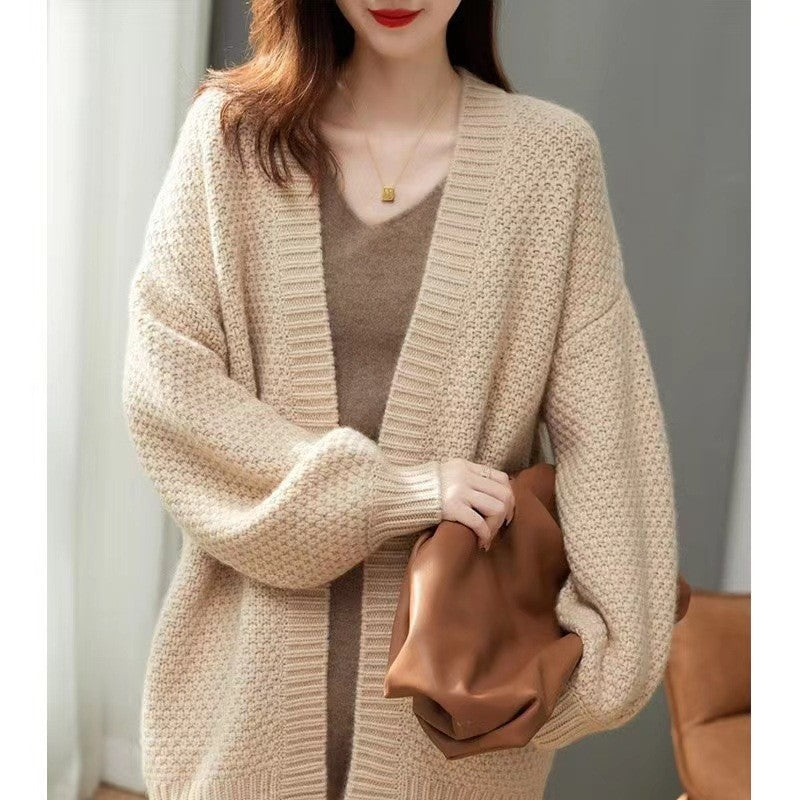 French Retro Mid-length Coat Loose Commute Style Women's Knitted Cardigan