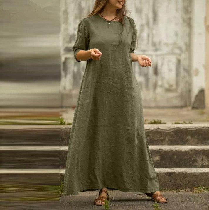 Cotton And Linen Temperament Pure Color Dress