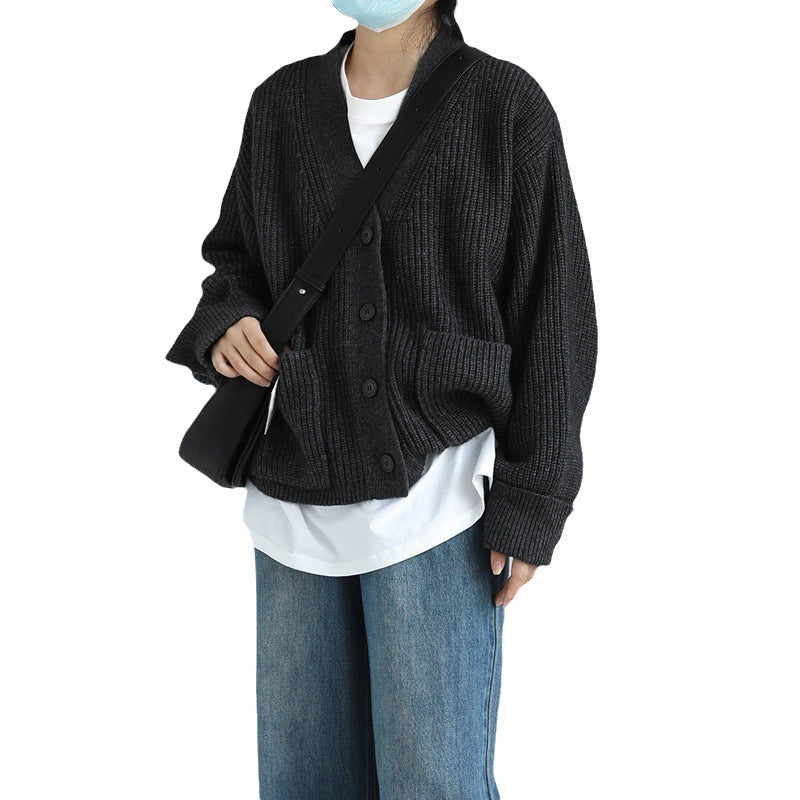 Korean Style Solid Color And V-neck Pocket Knitted Cardigan Sweet Cuff Sweater Coat