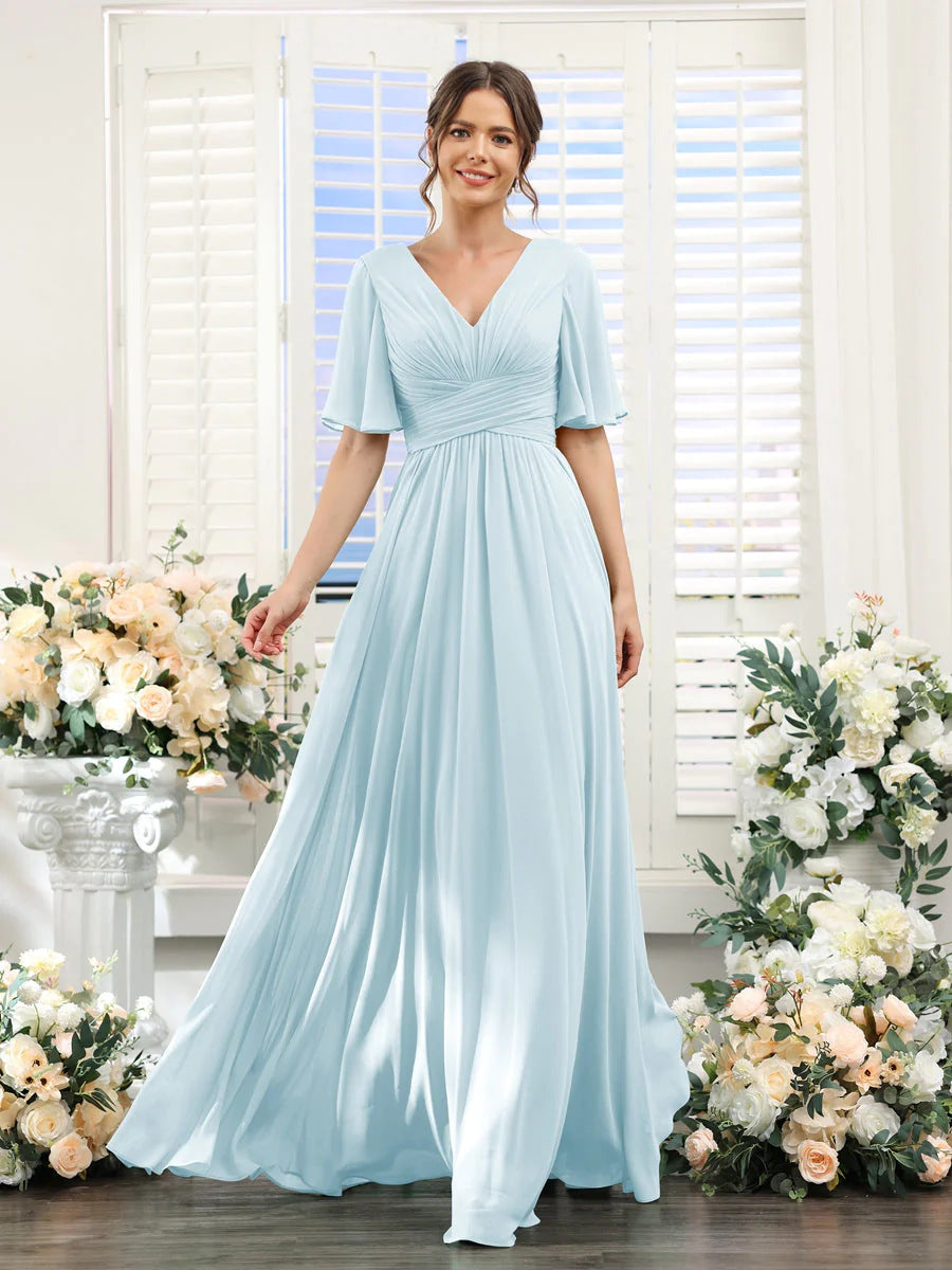 Chiffon Evening V-neck Butterfly Sleeve Host Long Dress