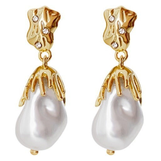 Gold Foil Pearl Earrings Baroque Style 925 Silver Needle Simple