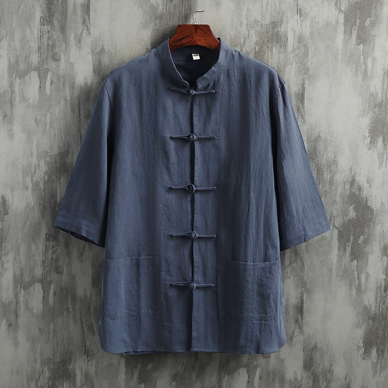 Stand Collar Linen Men's Short Sleeve Cotton Linen Shirt