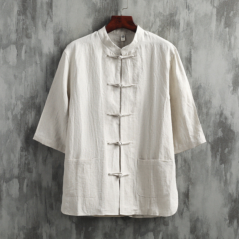 Stand Collar Linen Men's Short Sleeve Cotton Linen Shirt