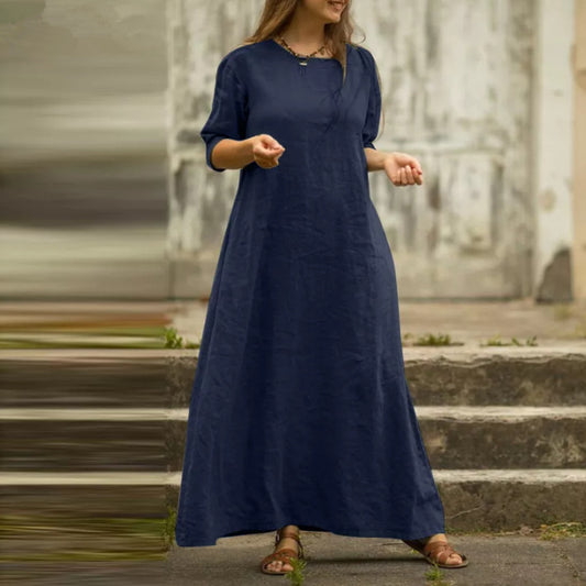 Cotton And Linen Temperament Pure Color Dress