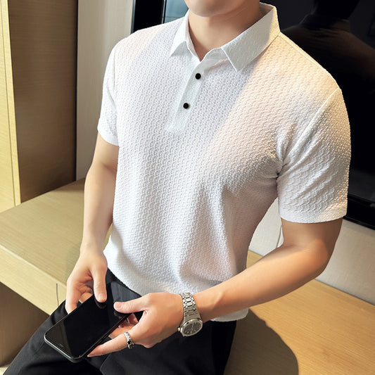 High Elastic Thin Waffle Lapel Short Sleeve