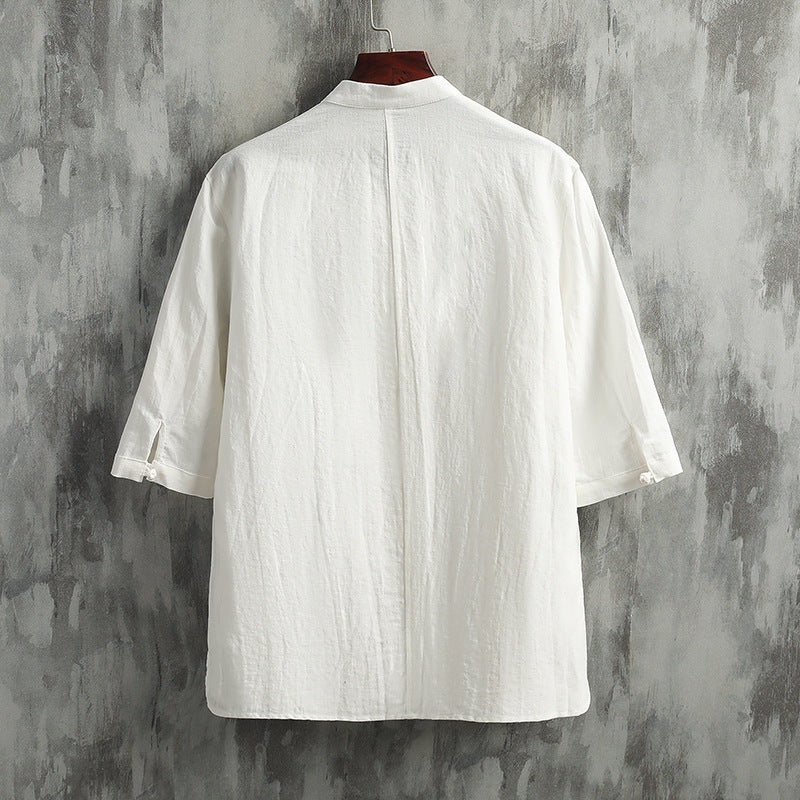 Stand Collar Linen Men's Short Sleeve Cotton Linen Shirt