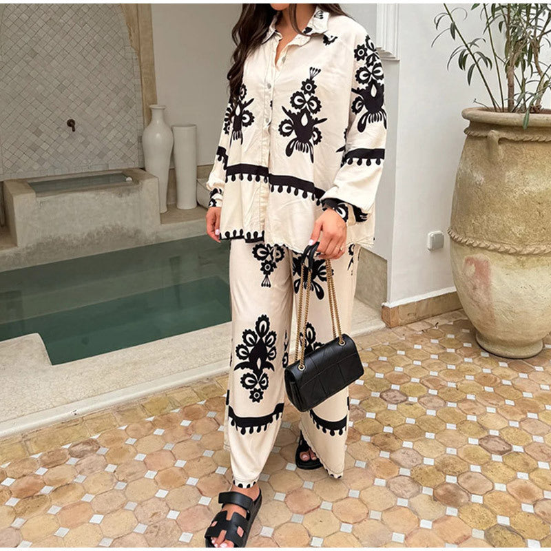 Women's Printed Single Breasted Shirt Casual Pants Set