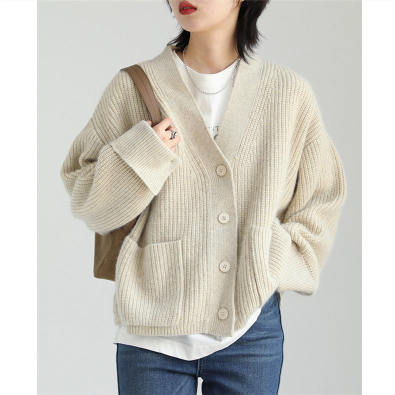 Korean Style Solid Color And V-neck Pocket Knitted Cardigan Sweet Cuff Sweater Coat