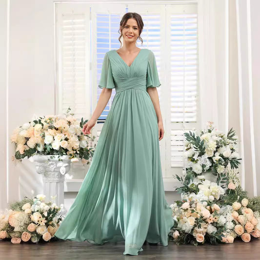 Chiffon Evening V-neck Butterfly Sleeve Host Long Dress