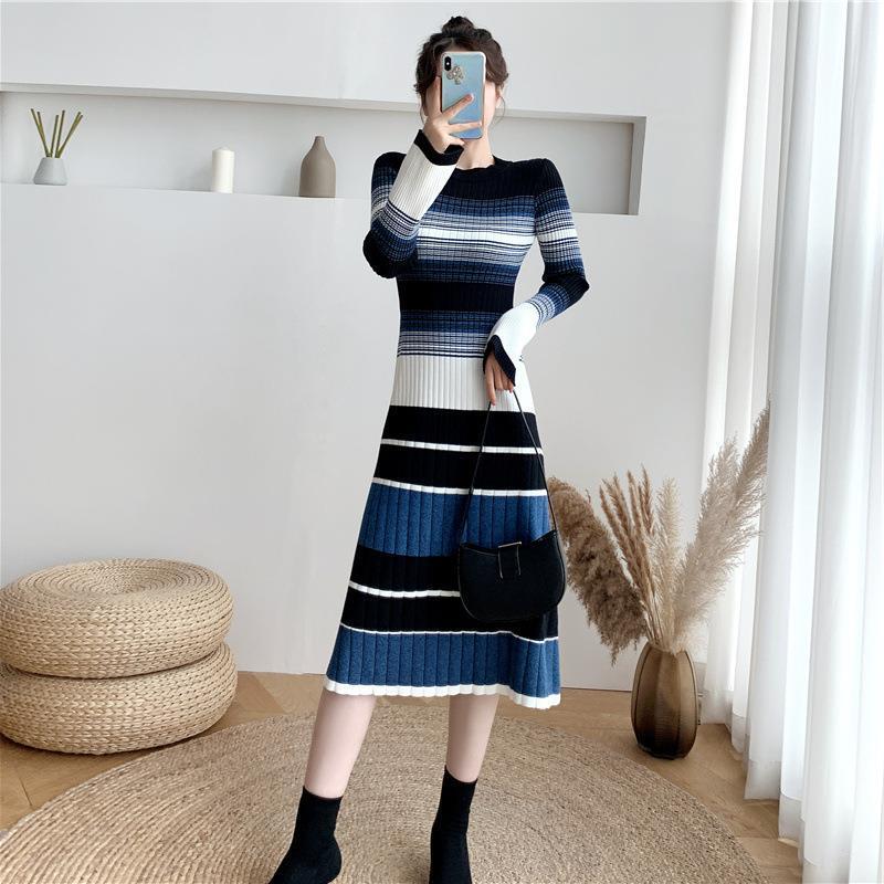 Elegant Striped Knitted Dress Women