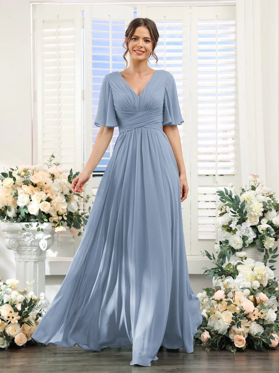 Chiffon Evening V-neck Butterfly Sleeve Host Long Dress