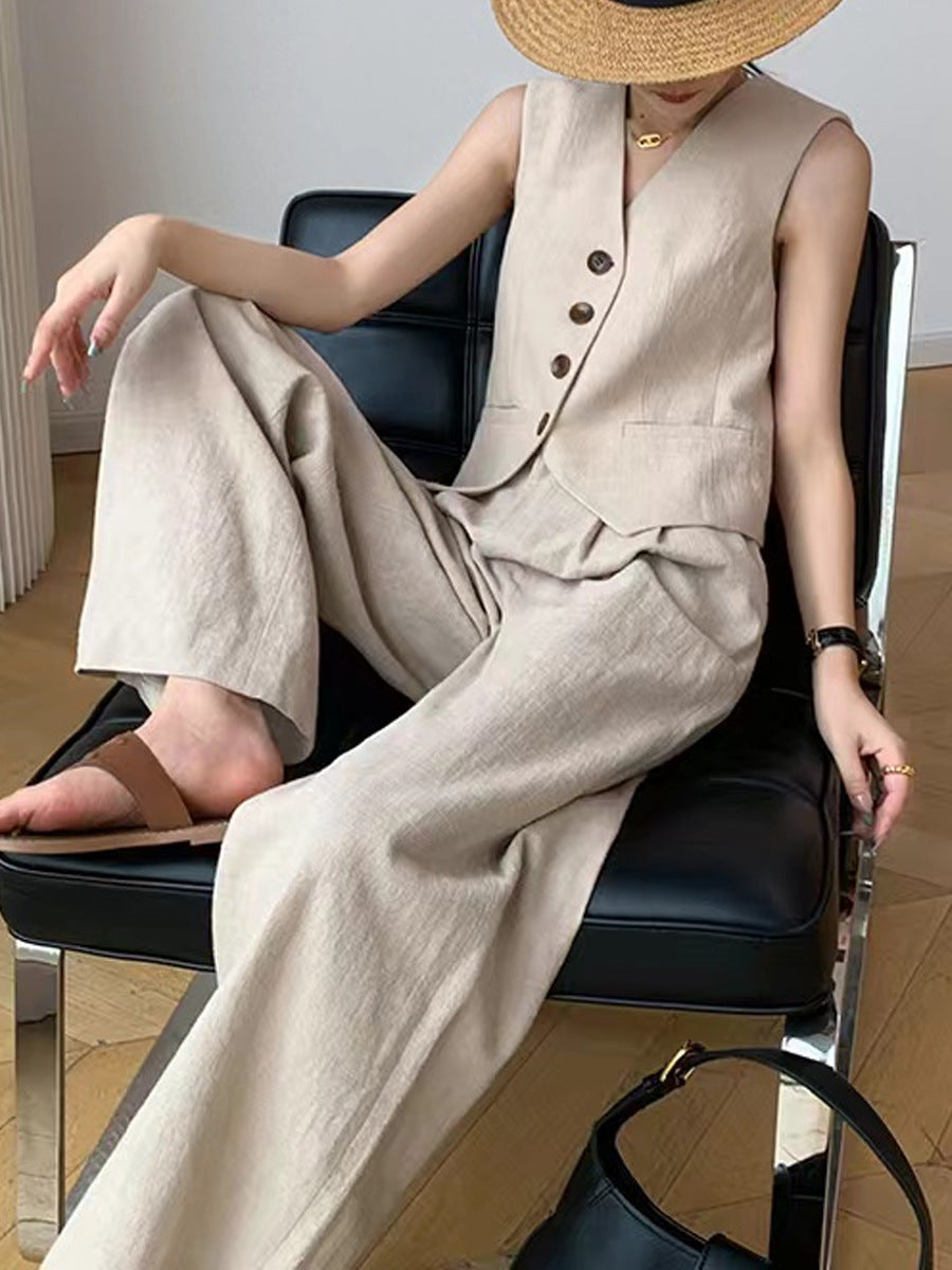 Fashion Casual Two-piece Suit Women's Summer Sleeveless Vest Top Suit Wide Leg Pants