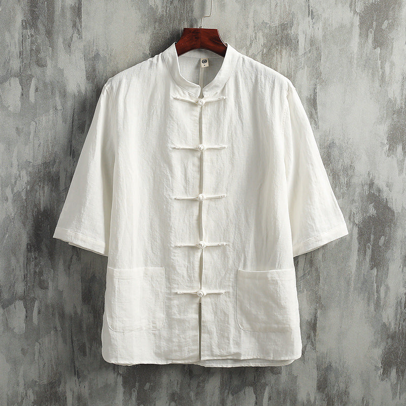 Stand Collar Linen Men's Short Sleeve Cotton Linen Shirt