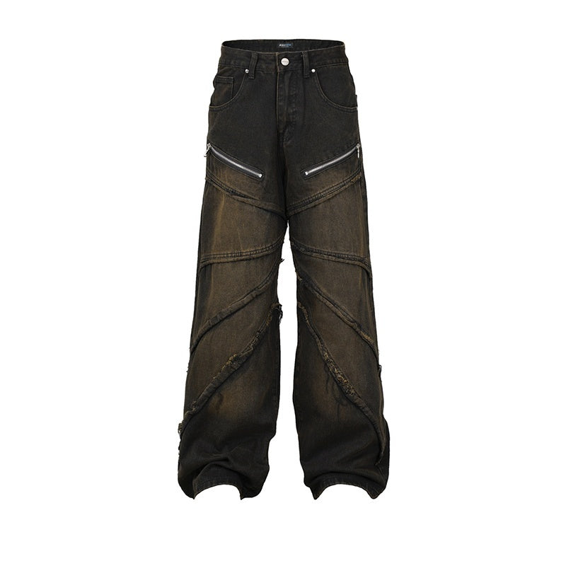 Zipper Pleated Deconstructed Stitching Edging Jeans Straight-leg Trousers