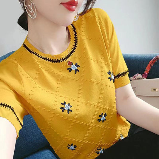 Women's Short-sleeved T-shirt Round Neck Embroidered