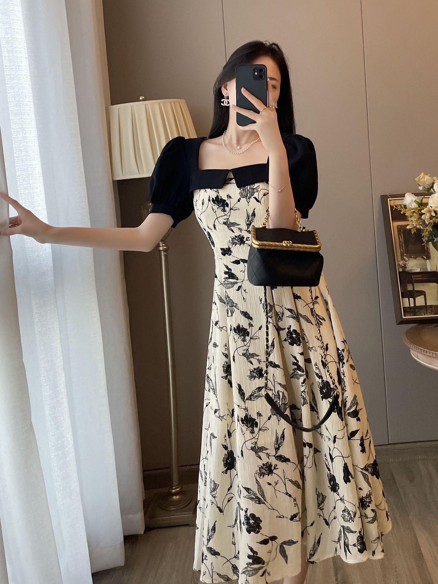 Design Sense Slimming Patchwork Floral Skirt Square Collar Puff Sleeve