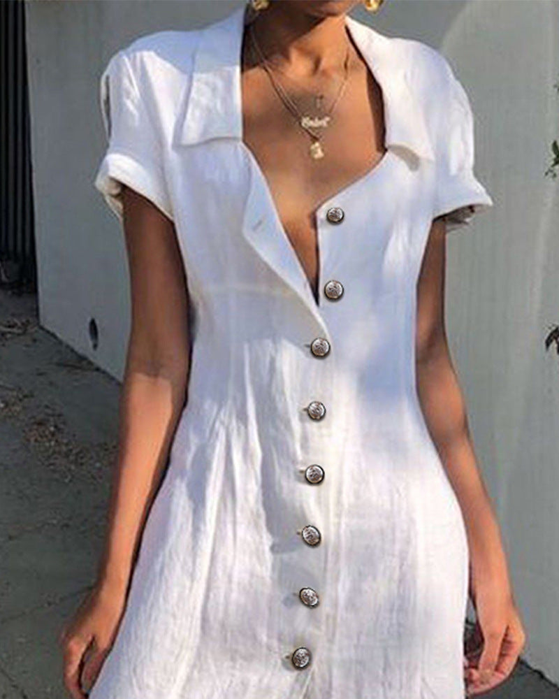 White Short Sleeve Lapel Slim-fit Cardigan Midi Dress