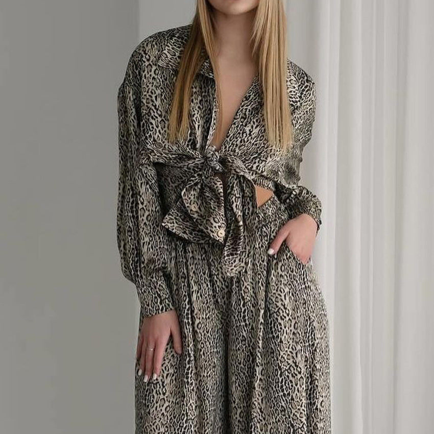 Fashionable Leopard Print Loose Ice Silk Pajamas For Women