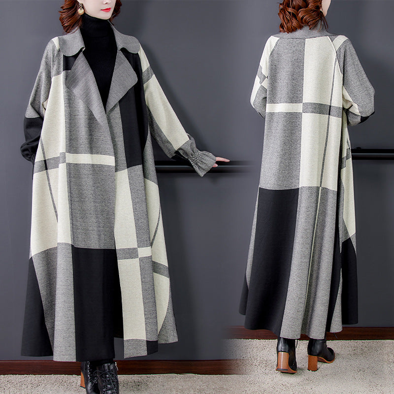 Women's Fashion Artistic Elegant Suit Collar Mid-length Thin Plaid Woolen Trench Coat