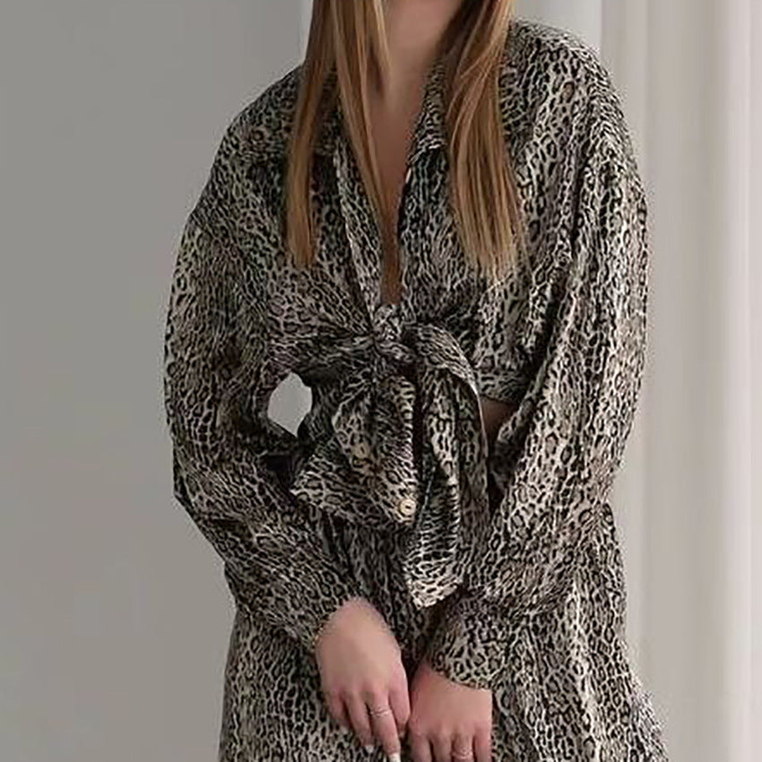 Fashionable Leopard Print Loose Ice Silk Pajamas For Women