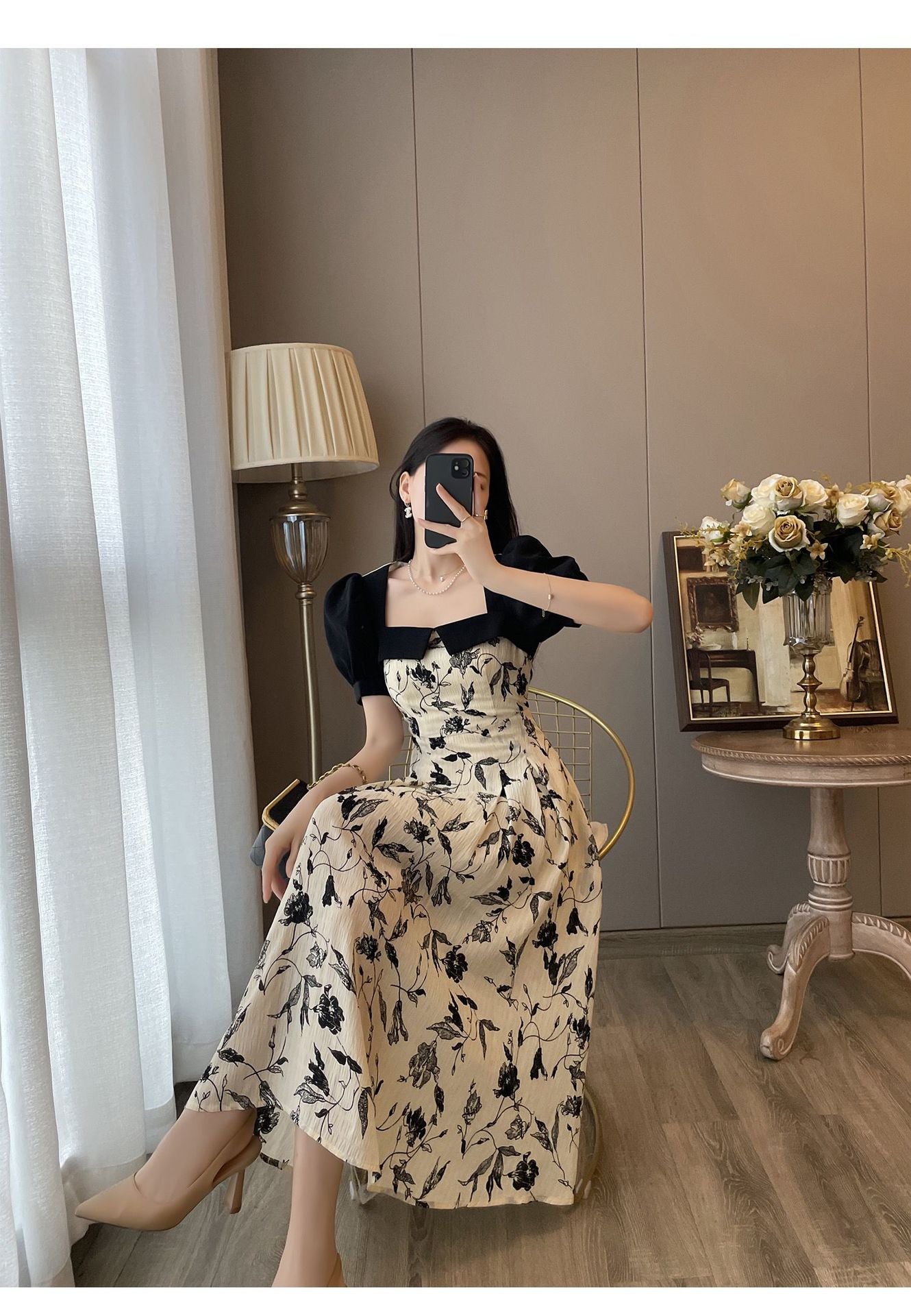 Design Sense Slimming Patchwork Floral Skirt Square Collar Puff Sleeve