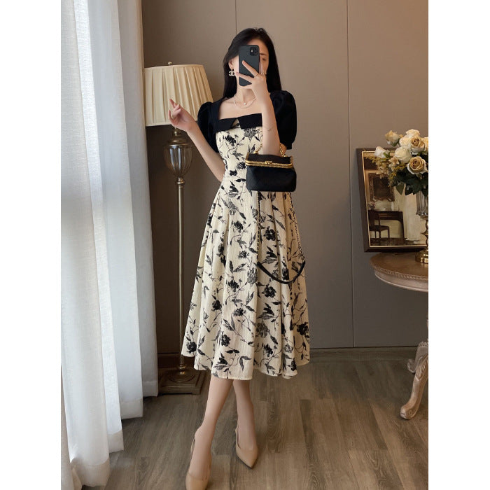 Design Sense Slimming Patchwork Floral Skirt Square Collar Puff Sleeve