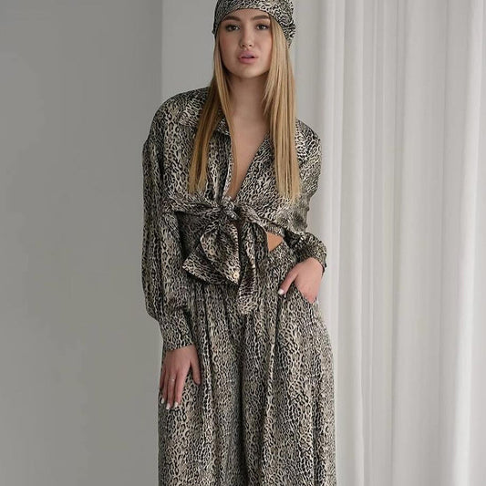 Fashionable Leopard Print Loose Ice Silk Pajamas For Women