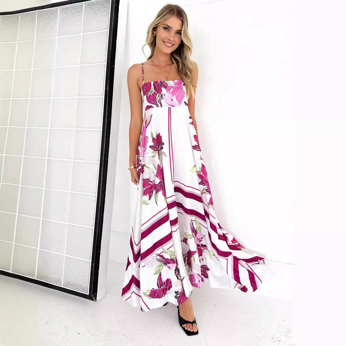 Extra Long Dress Casual Square Collar Sleeveless Bohemian