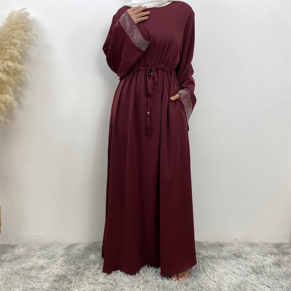 Women's Wear Rhinestone Stitching Tied Dress With Pockets Robe