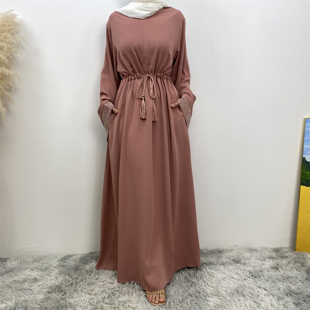 Women's Wear Rhinestone Stitching Tied Dress With Pockets Robe