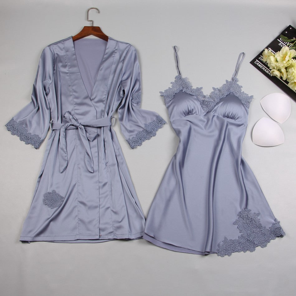 Long Sleeve Ice Silk Sling Nightgown Suit