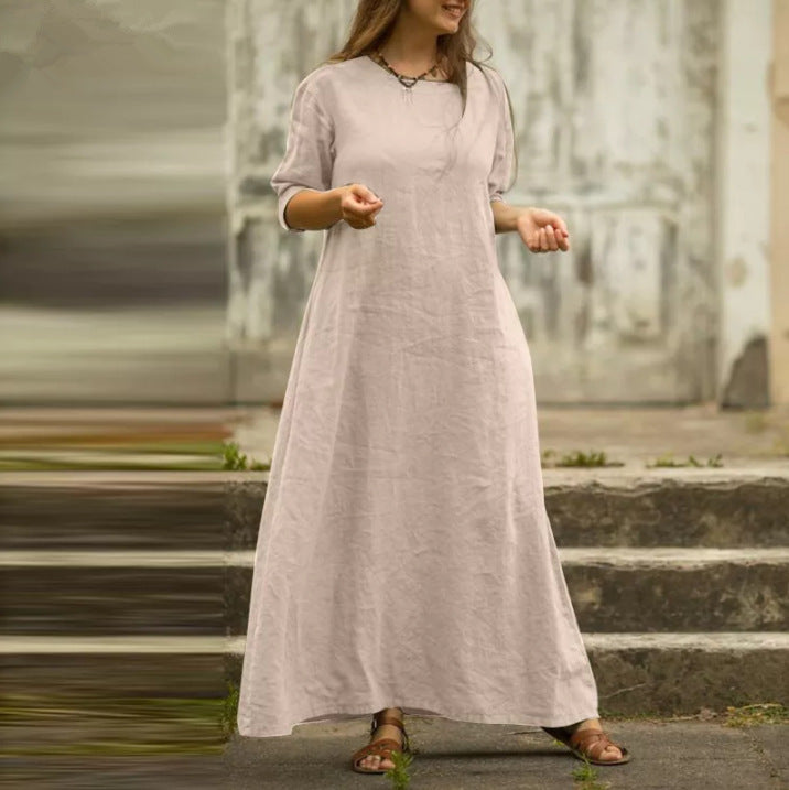 Cotton And Linen Temperament Pure Color Dress