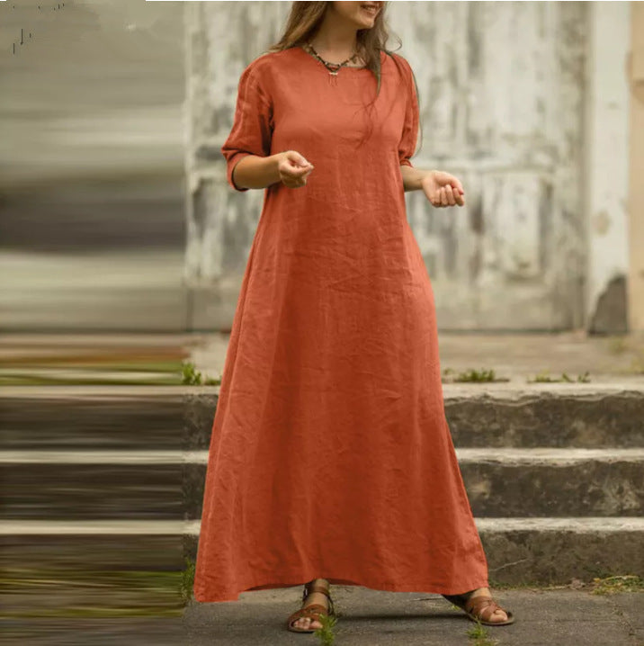 Cotton And Linen Temperament Pure Color Dress