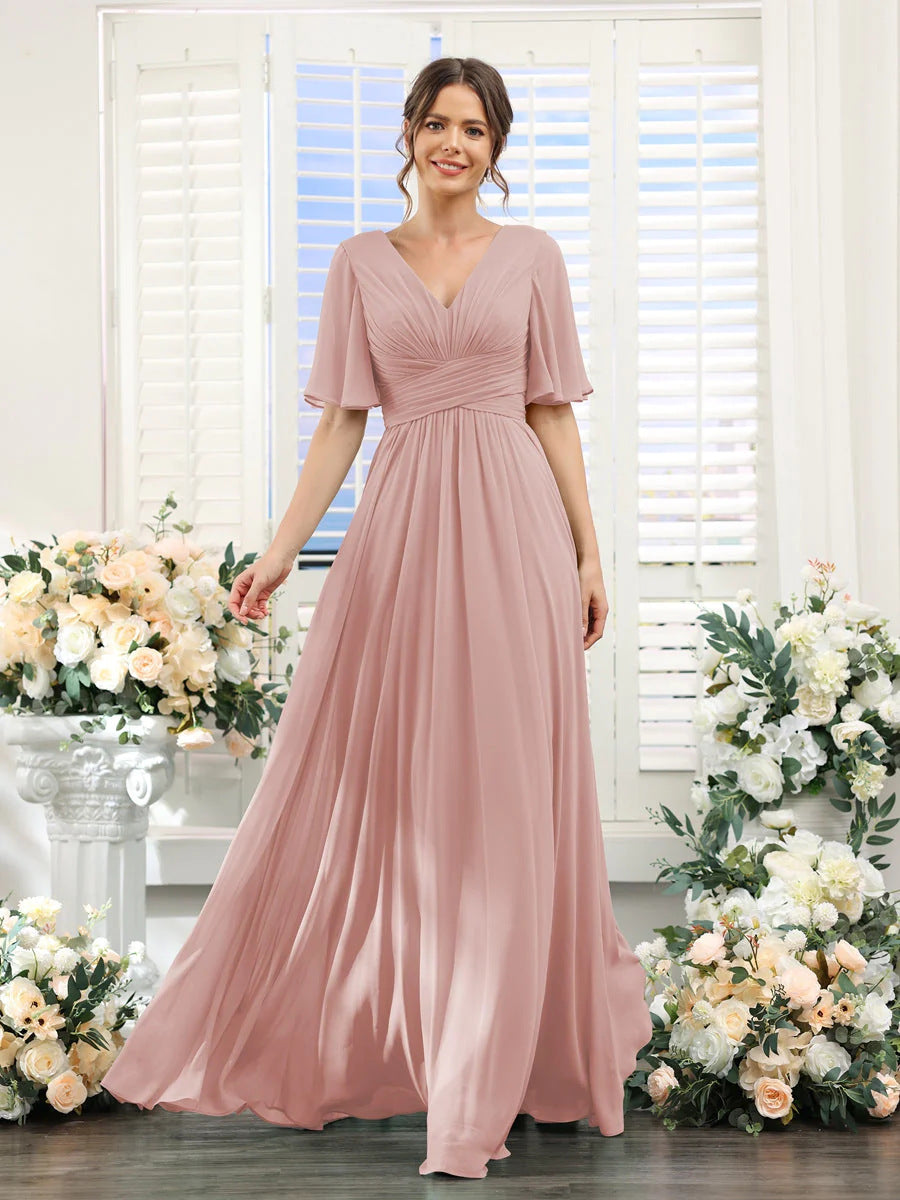 Chiffon Evening V-neck Butterfly Sleeve Host Long Dress