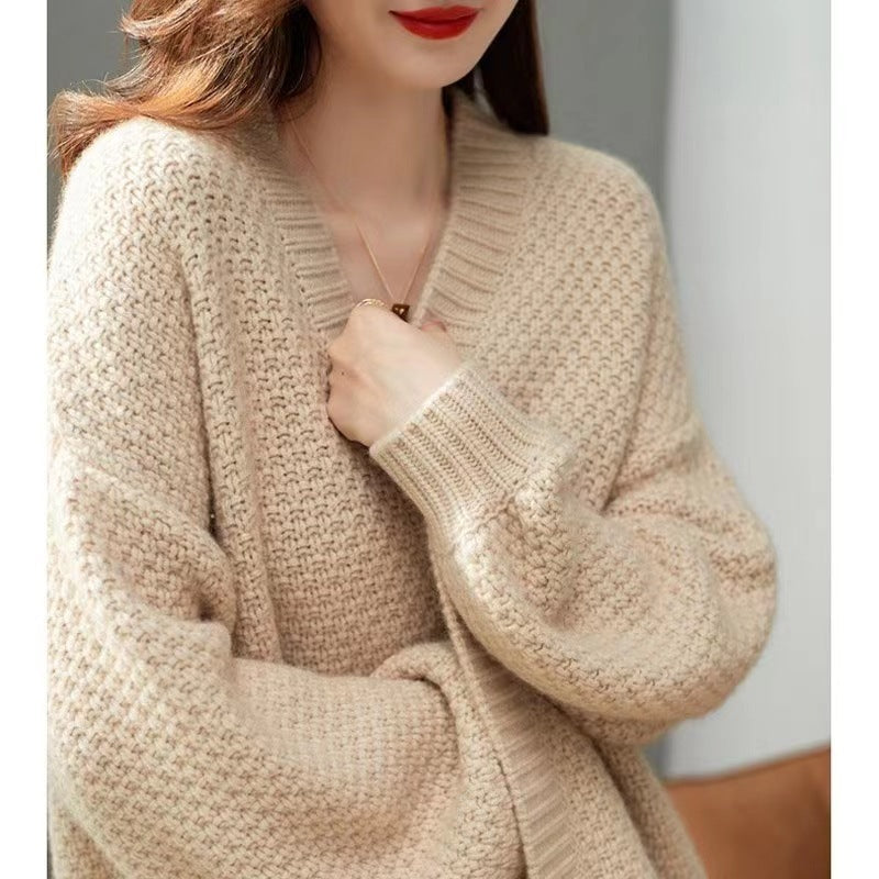 French Retro Mid-length Coat Loose Commute Style Women's Knitted Cardigan