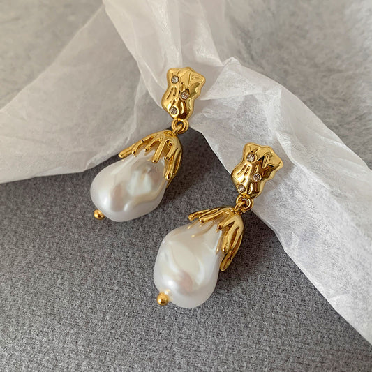 Gold Foil Pearl Earrings Baroque Style 925 Silver Needle Simple