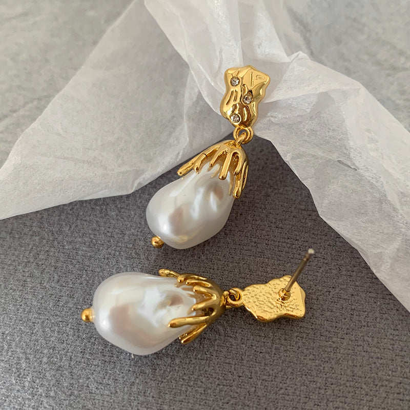 Gold Foil Pearl Earrings Baroque Style 925 Silver Needle Simple