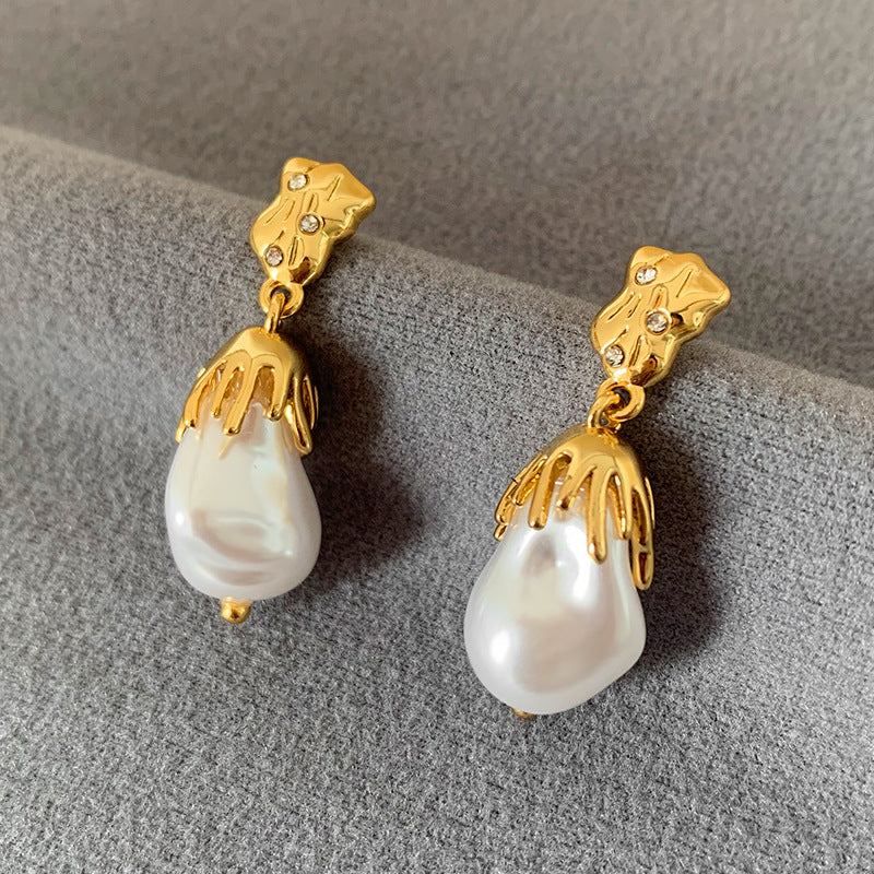 Gold Foil Pearl Earrings Baroque Style 925 Silver Needle Simple