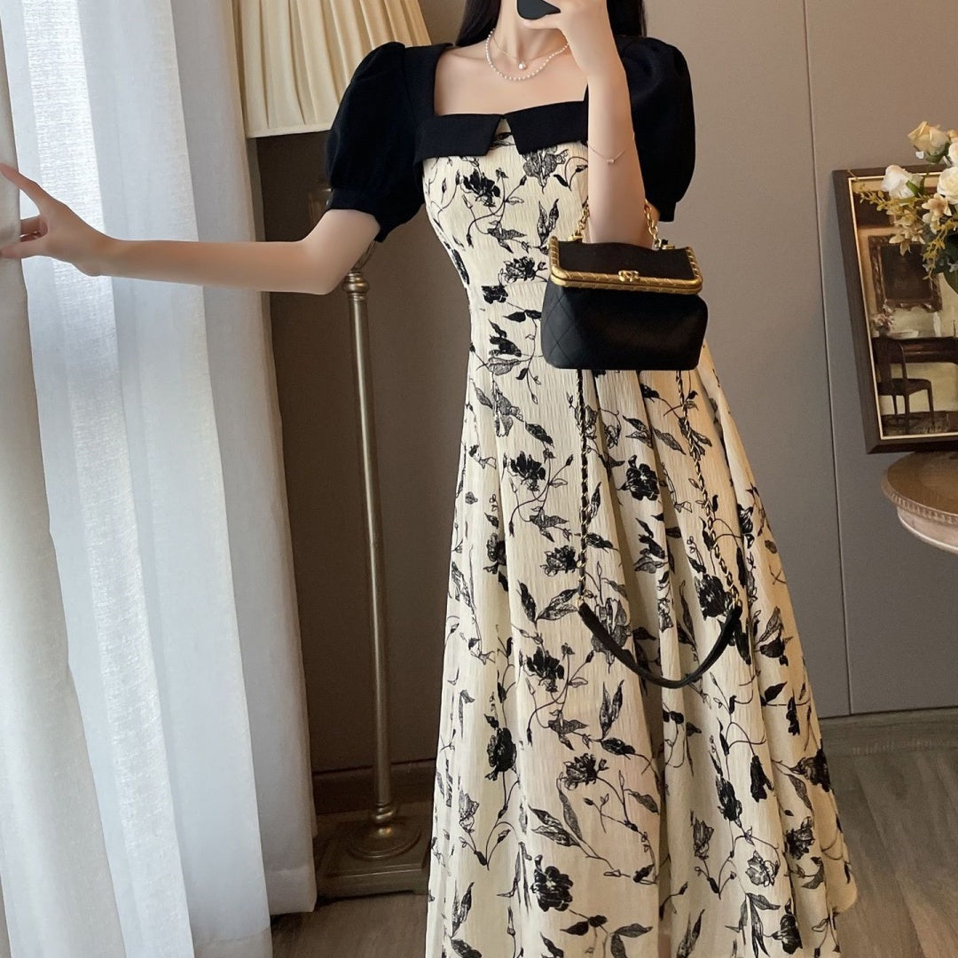 Design Sense Slimming Patchwork Floral Skirt Square Collar Puff Sleeve