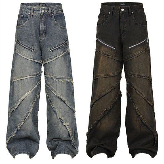 Zipper Pleated Deconstructed Stitching Edging Jeans Straight-leg Trousers