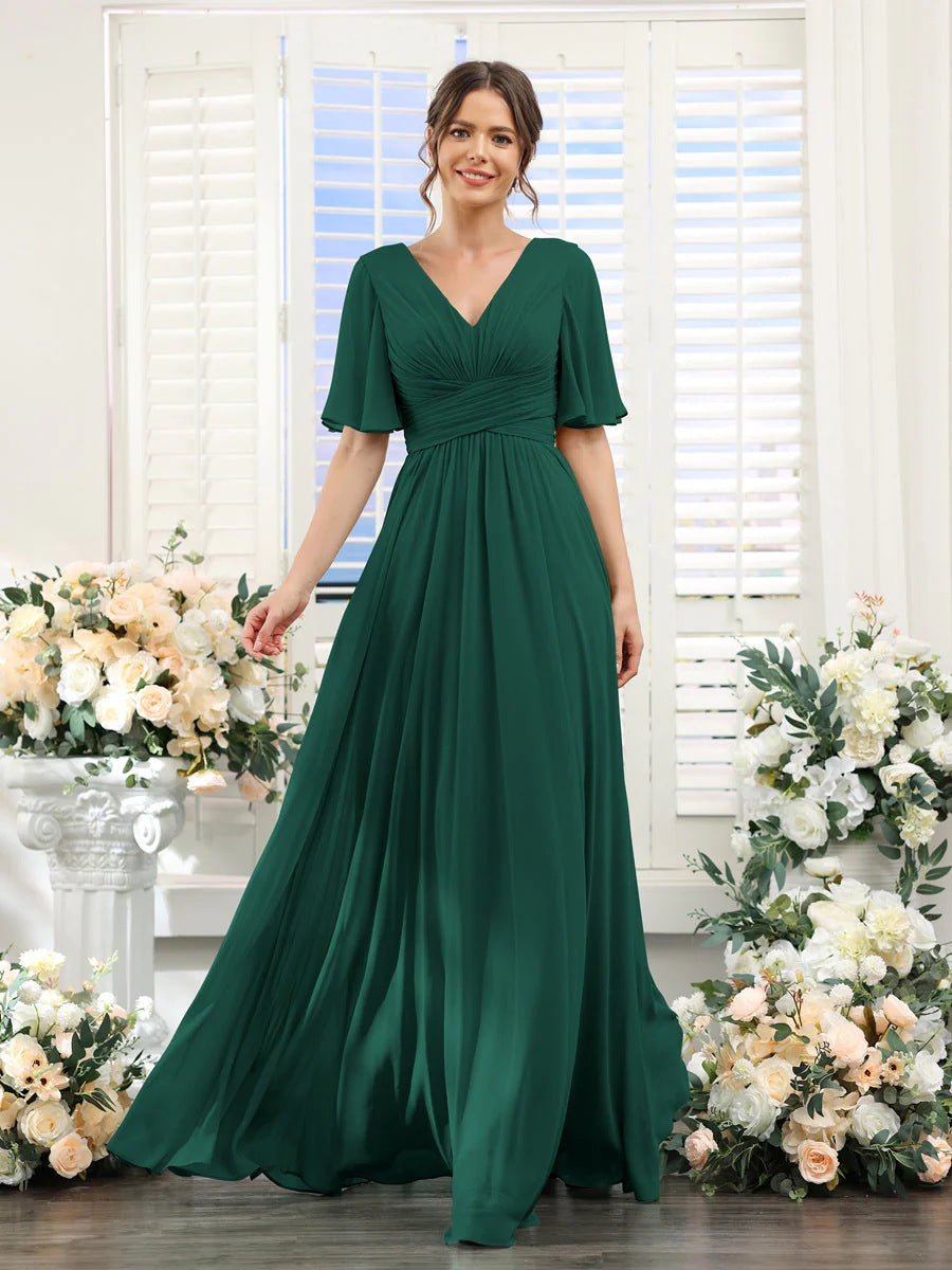 Chiffon Evening V-neck Butterfly Sleeve Host Long Dress