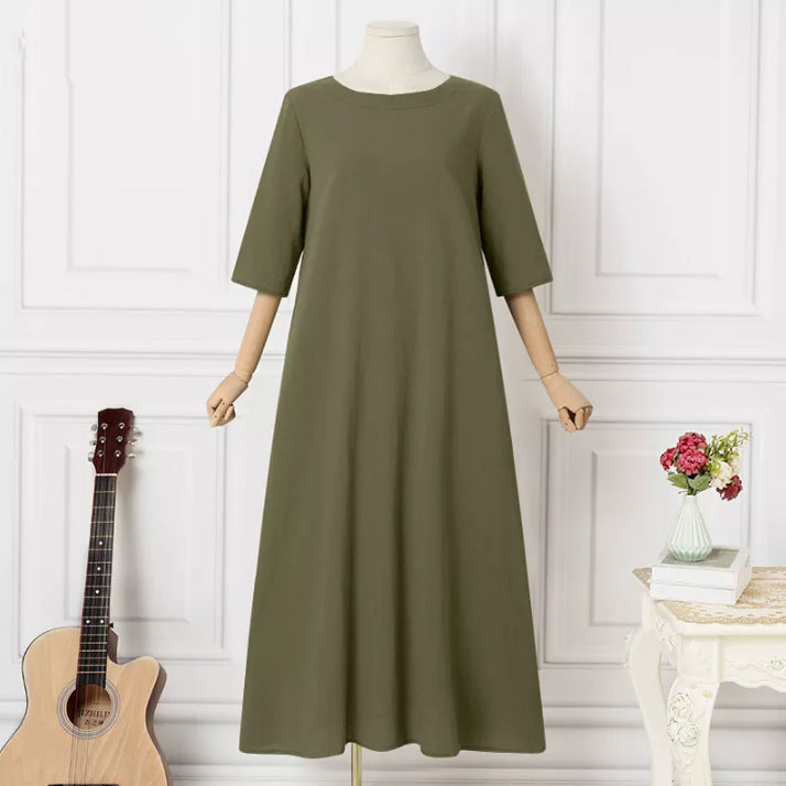 Cotton And Linen Temperament Pure Color Dress