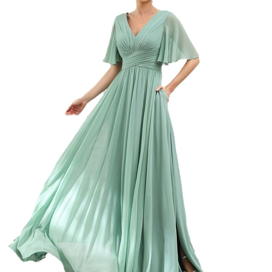 Chiffon Evening V-neck Butterfly Sleeve Host Long Dress